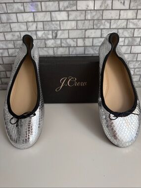 J. Crew Silver Metallic Snakeskin Ballet Flats with Black Trim
